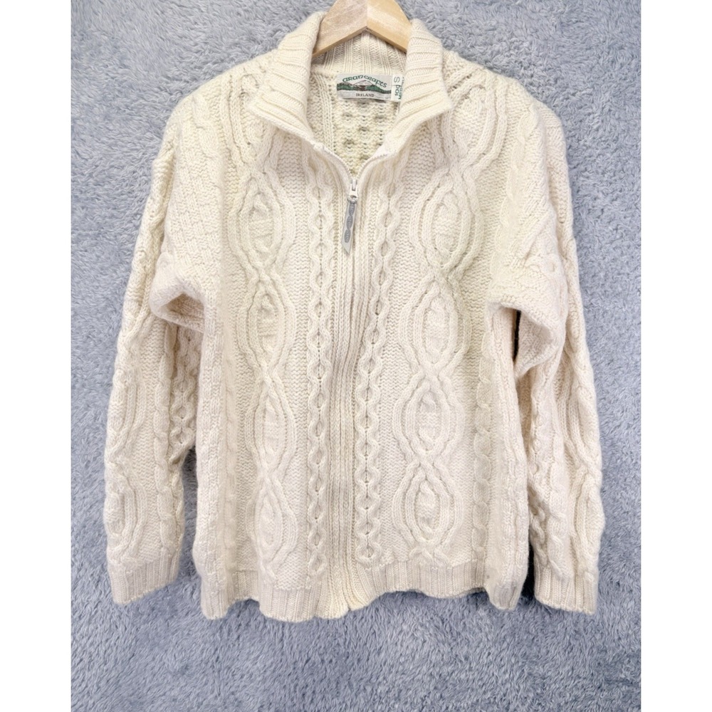 Aran Crafts Ireland Womens S 100% Merino Wool Cable Knit Cardigan Sweater Cream